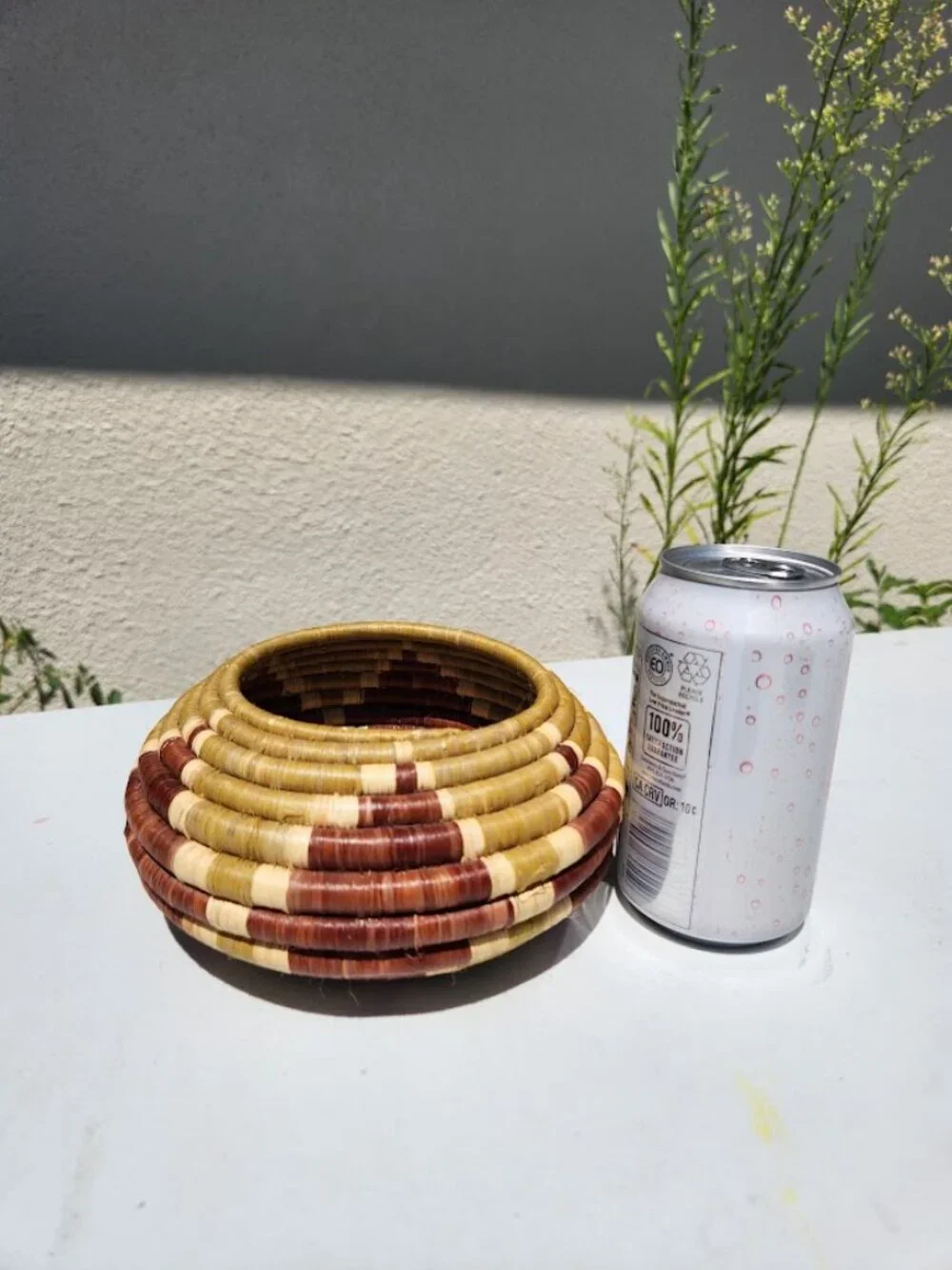 Vintage handwoven coiled basket woven with Geometric Pattern Africa Bohemian Afr